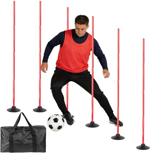 6 Pcs 5 FT Adjustable Agility Training Poles for Soccer,Basketball,Football, Horse,Dog-Speed and Agility Training Equipment Sports Training Poles with Rubber Bases and Bag - color: red