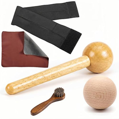 Baseball Glove Break-in Kit - Wooden Mallet, Shaping Ball, Elastic Wrap, Brush & Cloth - Complete Glove Care Set for Softball & Baseball Mitts - Accelerates Break-in & Shapes Pocket