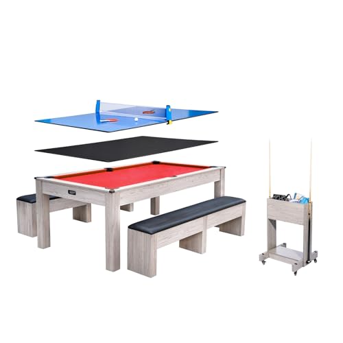 7FT 3-in-1 Pool Table with Dining Top & Table Tennis | Convertible Billiard Table for Home Game Room | Complete Set with Cues, Balls, Ping Pong Paddles, Net & Rolling Storage Caddy | Wood Grain Finish - color: Red 3 in 1