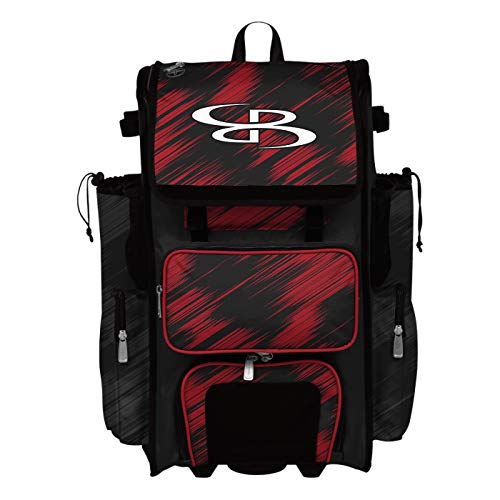 Boombah Rolling Superpack Scratch Baseball/Softball Gear Bag - 23-1/2" x 13-1/2" x 9-1/2" - Multiple Colors - Telescopic Handle and Holds 4 Bats - Wheeled Version - color: Black/Red