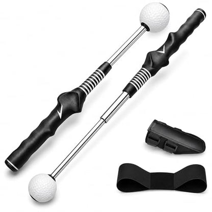 Golf Swing Trainer Aid for Right Handed, Retractable Golf Practice Tool with Click Feedback - Golf Training Aid Includes Wrist Alignment Brace & Correcting Arm Band, Power & Rhythm Training