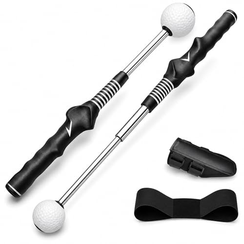 Golf Swing Trainer Aid for Right Handed, Retractable Golf Practice Tool with Click Feedback - Golf Training Aid Includes Wrist Alignment Brace & Correcting Arm Band, Power & Rhythm Training