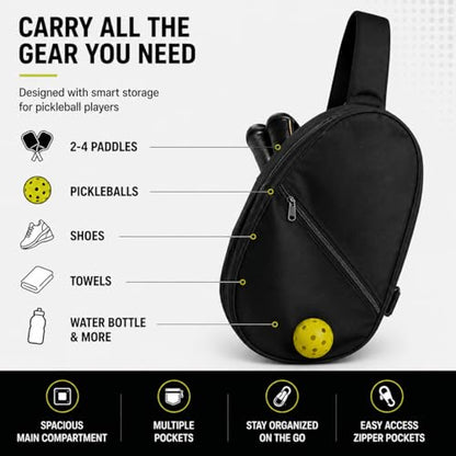 Kryn Minimalist Pickleball Sling - Sleek Crossbody Paddle Bag & Equipment Carrier - Lightweight Pro Series Satchel for Quick Court Access & Essential Gear - Men & Women (Black)