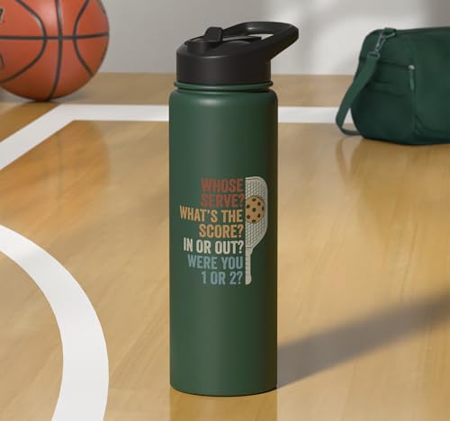 Whose Serve What's the Score Funny Pickleball Questions Stainless Steel Insulated Water Bottle - color: Dark Green