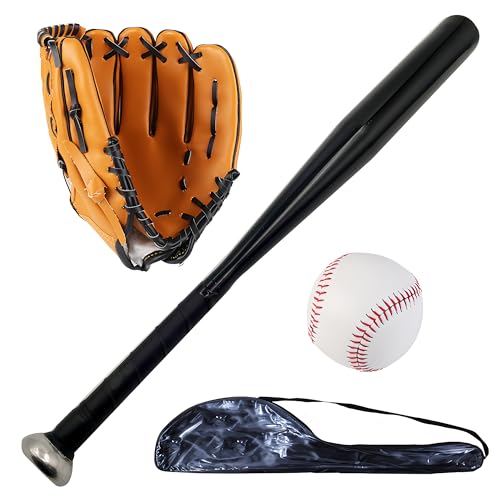 Softball Baseball Bat Set with Glove and Balls - 25 Inch/63cm Aluminum Bat for Pickup Games and Batting Practice - color: Black