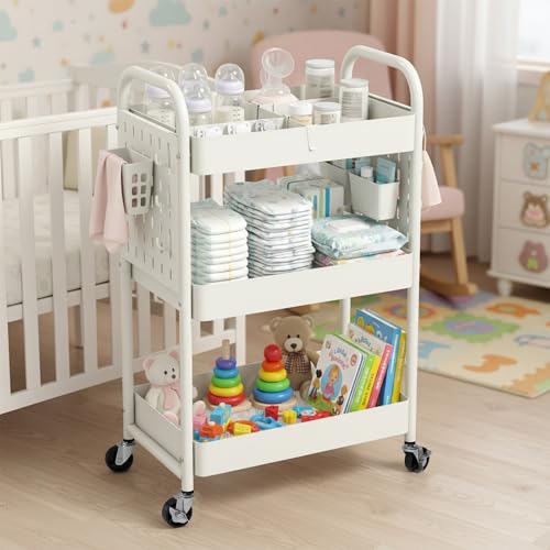 danpinera 3 Tier Rolling Cart with Retractable Dividers, Multi-Functional White Rolling Utility Cart with Pegboards, Hooks & Hanging Cups for Nursery, Living Room, Studio - color: White, size: with Dividers