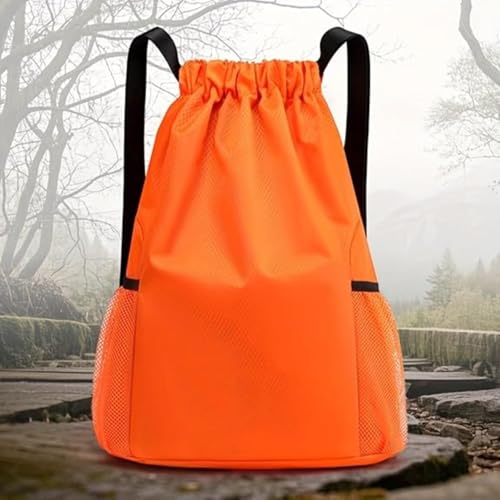 Unisex Drawstring Basketball Backpack with Side Pockets, Waterproof Lightweight & Durable Sack Bag for Sports & Gym - color: Orange