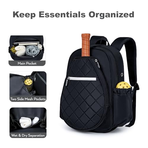 KAVIGOR Pickleball Bag, Quilted Pickleball Backpack with Shoe Compartment & Waterproof Pocket, Pickle Ball Paddle Bag Fits 2 to 4 Paddles for Women and Men - color: Black