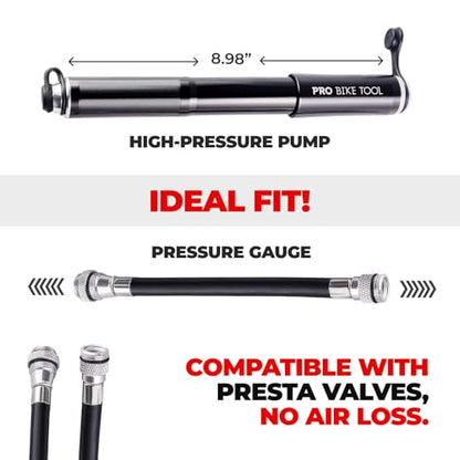 Pro Bike Tool Mini Bike Pump - Compact and Portable Bicycle Tire Pump for Fast Inflation - Compatible with Presta and Schrader Valves - Lightweight and Durable Design - Essential Bicycle Accessories - color: Black, style: Mini pump with gauge