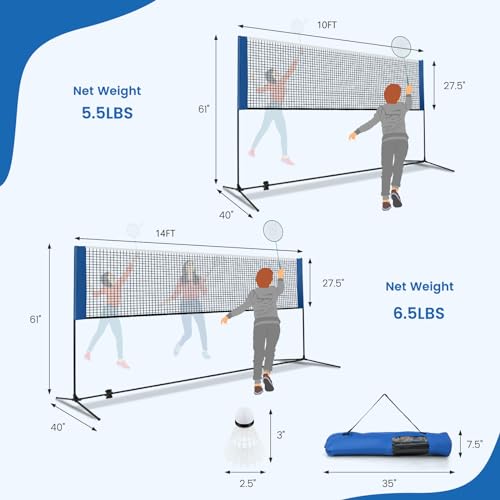GYMAX Badminton Net, Height Adjustable Tennis Net Set w/Poles, 2 Birdies & Carry Bag, Easy Setup Pickleball Net Sports Net, Portable Volleyball Net for Indoor & Outdoor Game Beach, Backyard