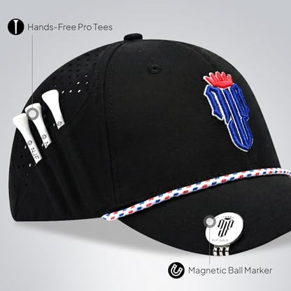 NJF Golf Hat Men - Breathable Mens Golf Hats, Adjustable Rope Hook and Loop Style Cap, Convenient Cap with Tee Holder - color: Njf Us Flag Black
