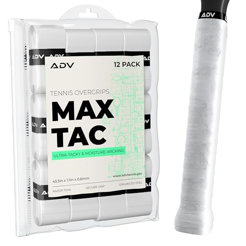 ADV MaxTac Tacky Tennis Overgrip - 12 Pack Extremely Sticky Non-Slip Tennis Grips Overgrip - Razor-Thin & Easy to Use Pro Tennis Racquet Grip Tape, White - color: 12-Pack White