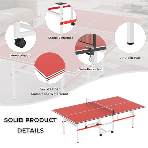 Portable Ping Pong Table, Mid-Size Foldable Table Tennis Table w/Net, 2 Paddles, 3 Balls, Table Tennis Table for Indoor Outdoor, Ping Pong Tablefor Kids Family Holiday Sports