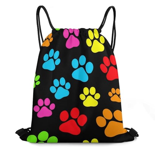Beam Backpack Drawstring Sack Large Capacity for Soccer Basketball Sports Workout Equipment Travel, Black Colorful Paw Prints Bags - color: Picture (624)