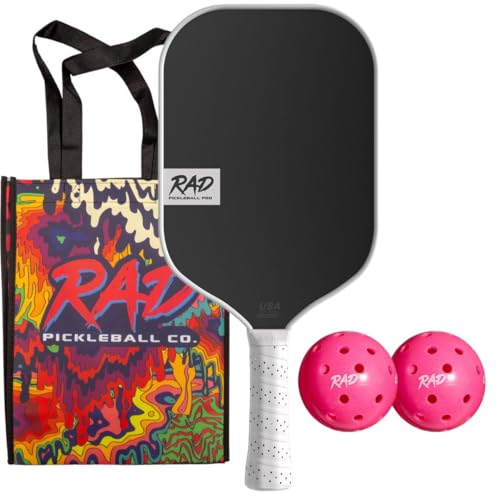 RAD Pro Pickleball Paddle Set – USAPA Approved – T700 Carbon Fiber Surface & 16mm Full-Cell Polypropylene Honeycomb Core for Power & Control – Includes Outdoor Pickleballs & Tote Bag - color: White Lightening Pro