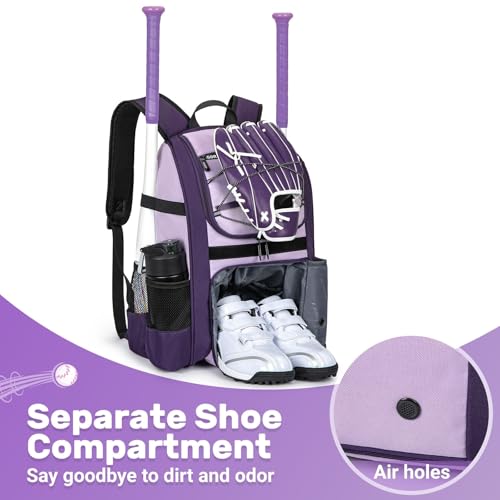 KAVIGOR Youth Baseball Bag, Softball Bag for Girls & Boys, Kids Tball Backpack with Shoes Compartment - color: Purple