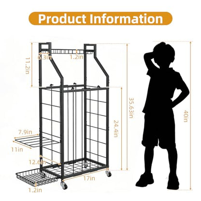 hanmir Ball Storage Rack for Garage, Rolling Sports Ball Organizer with Wheels, Baskets and Hooks, Sports Equipment Storage for Basketball Soccer Football, Garage Organizer (Black)