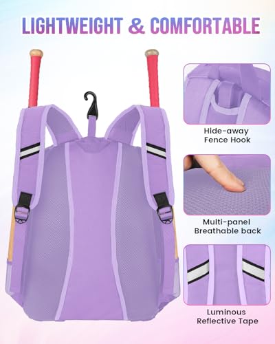 MATEIN Softball Bag, Lightweight Baseball Backpack with Shoe Compartment, Baseball Bag with Fence Hook for TBall Bat & Equipment, Softball Gifts Catchers Backpack for Women Fit Catcher’s Mitt, Helmet - color: Purple - Large