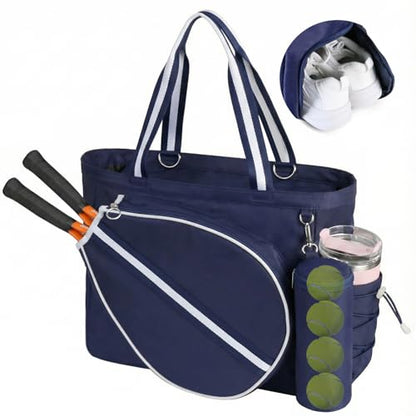 Tennis Bag for Women Men Tote Bag with Shoe Compartment & Wet Pocket, Fits 2 Rackets & 15.6” Laptop, Durable Sports Gym Overnight Weekender Bag with Fence Hook - color: Navy