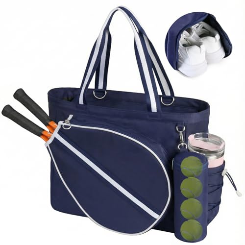 Tennis Bag for Women Men Tote Bag with Shoe Compartment & Wet Pocket, Fits 2 Rackets & 15.6” Laptop, Durable Sports Gym Overnight Weekender Bag with Fence Hook - color: Navy