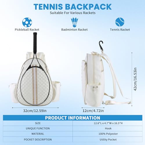 Tennis Bags for Women - Ideal Mothers Day Gifts, Quilted Tennis Sling Crossbody Backpack with Fence Hook, Water Resistant Tennis Racket Bag for Pickleball, Badminton, Beige