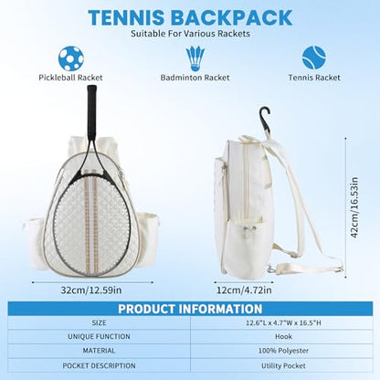 Tennis Bags for Women - Ideal Mothers Day Gifts, Quilted Tennis Sling Crossbody Backpack with Fence Hook, Water Resistant Tennis Racket Bag for Pickleball, Badminton, Beige