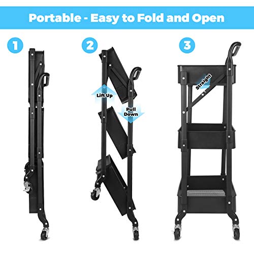 Foldable 3 Tier Metal Utility Rolling Cart, Folding Mobile Multi-Function Storage Trolley Organizer Cart for Home Library Office(Black) - color: Black