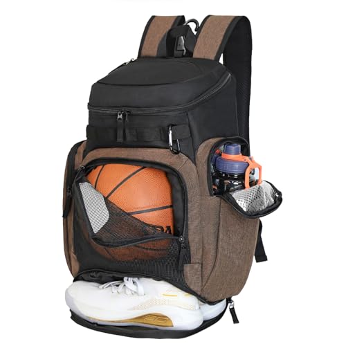 LARIPOP Basketball Backpack with Ball & Ventilated Shoe Compartment Insulated Pockets for Men Youth Training - color: brown