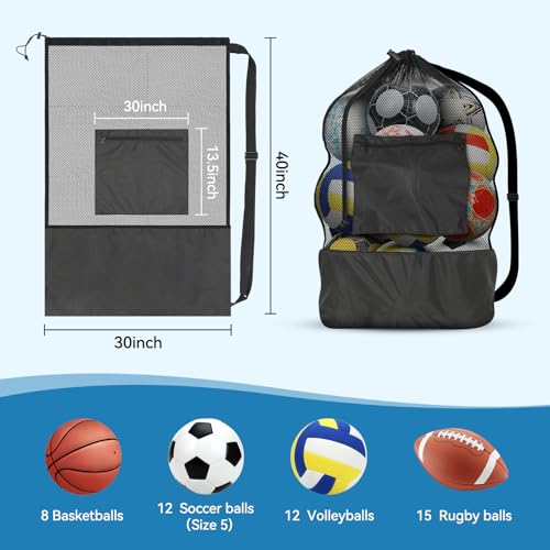 Square Heavy Duty 900D Ripstop Mesh Ball Bag with Zipper Pocket, Breathable Tear Resistant Drawstring 30x40inch Soccer Ball Bag with Adjustable Shoulder Strap for Balls, Beach Toys