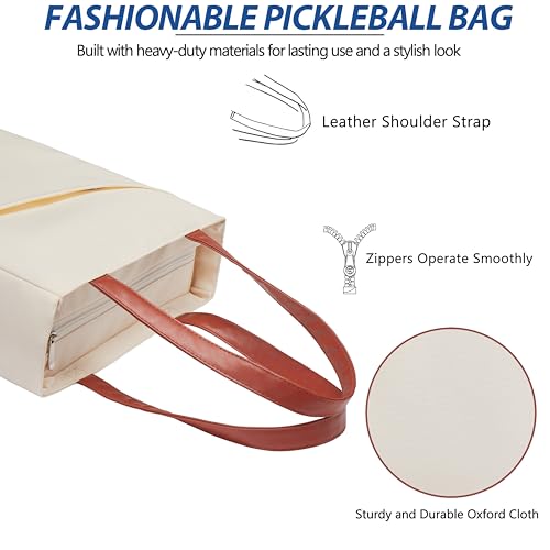 Pickleball Bag for Women Stylish Nylon Tote Fits 2 Paddle, Ball, Gear, Utility Shoulder Handbag for Sports - color: Beige