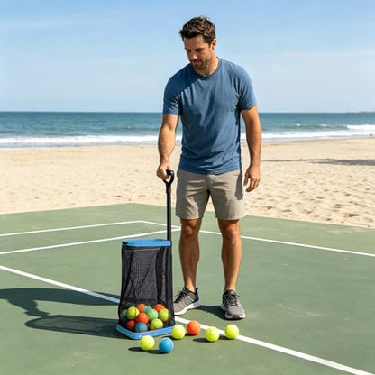 Tennis Ball Hopper, Holds 40+ Pickleballs or 50+ Tennis Balls, Lightweight Durable Steel Frame, Portable Adjustable Ball Picker（Excluding Ball） - color: Blue