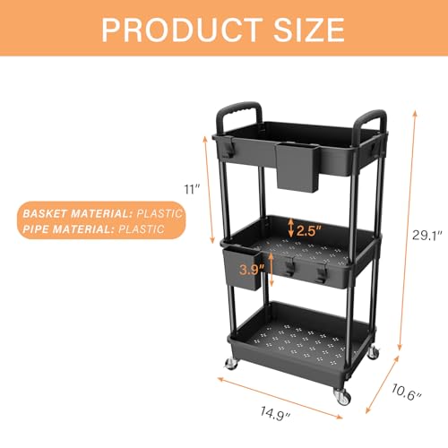 3 Tier Rolling Utility Cart with Handle,REBECAT Utility Cart Made of Multifunctional Storage Organizer Tool for Kitchen,Bathroom,Living Room,Office(Black) - color: Black