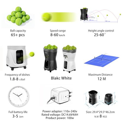 PT Mini Pro Tennis Ball Machine - Portable Smart Trainer for Beginners, 65+ Ball Capacity, 3-5H Battery Life, Adjustable Ball Speed & Angle, APP & Remote Control - color: Blakc