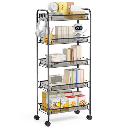 TOOLF 5-Tier Metal Utility Cart with 3 Hooks, Easy Assemble Mobile Storage Trolley On Wheels, Metal Shelving Units Kitchen Bathroom Laundry Room - color: Black, size: 5-Tier