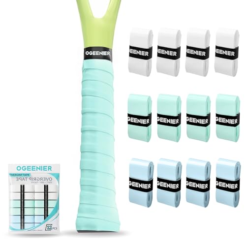 Tennis Racket Grip Tape, 3, 6, 12 Pack Tennis Overgrip Tape, Absorbent and Anti-Slip, Precut Soft Racquet Wrap Grips Tape for Pickleball Paddle/Badminton - color: White/MintCream/Light Blue, size: 12 Pack