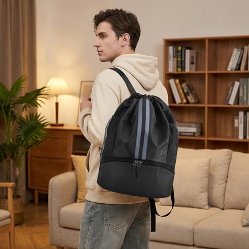 Sports Drawstring Backpack with Shoes Compartment, String Gym Bag with Wet Proof Pocket for Basketball, Soccer, Swim, Black Sport Bag for Men and Women
