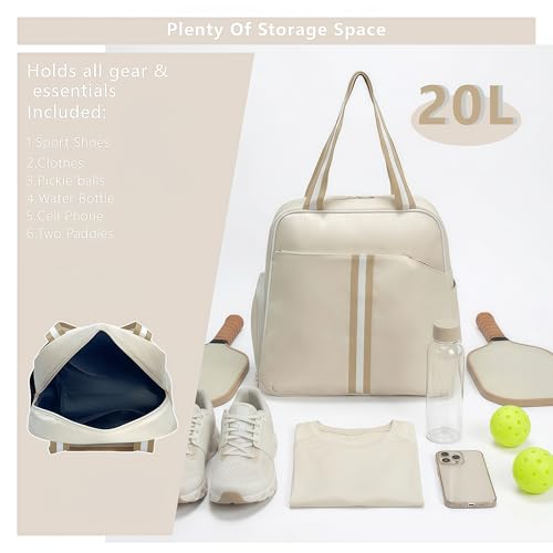 Pickleball Bag for Women Men, Large Pickleball Backpack with Shoe Compartment, Pickle Ball Bag with Paddle Cover Pocket Holds 2 Paddles - color: Ivory