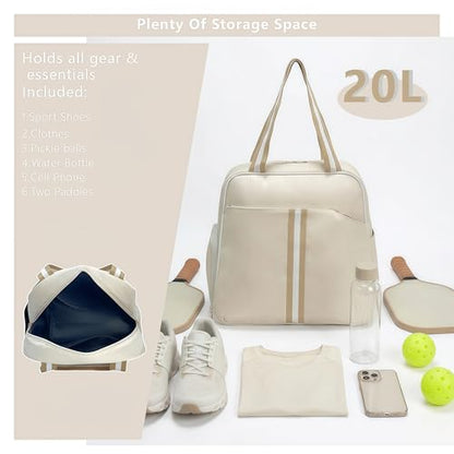 Pickleball Bag for Women Men, Large Pickleball Backpack with Shoe Compartment, Pickle Ball Bag with Paddle Cover Pocket Holds 2 Paddles - color: Ivory
