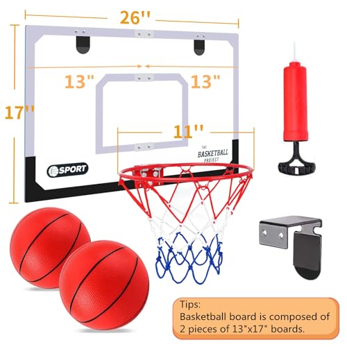 Upgrade Basketball Hoop Set - Extra Large 26" x 17" Pro Indoor Basketball Hoop for Door & Wall with 2 Balls, Complete Accessories, Basketball Toy Gift Perfect for Boys Girls Teens Adults