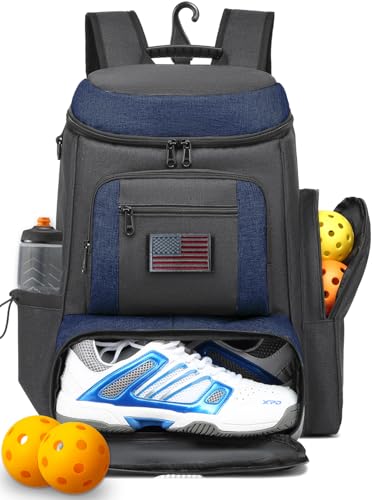 HAMBOLY Pickleball Bag for Men & Women, Large Pickleball Backpack with Shoes Compartment and Cooler, Fence Hook Design - color: Dark Grey + Blue