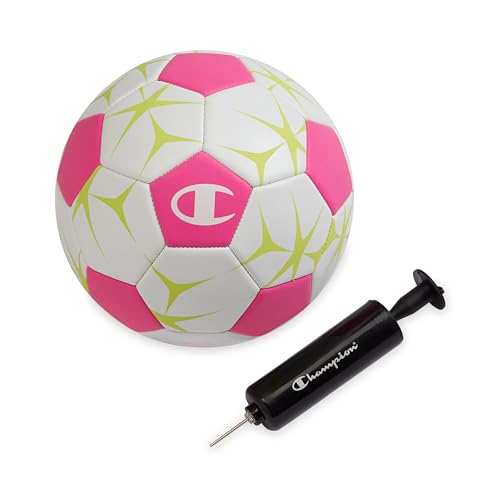Champion Soccer Ball Youth & Adult – Matte Finish, 32-Panel Design, Enhanced Control, Sizes PVC Cover, Sizes 3,4 and 5 for Indoor & Outdoor Training, Includes 6" Pump - color: White/Optic Pink/Evening Primrose, size: 3