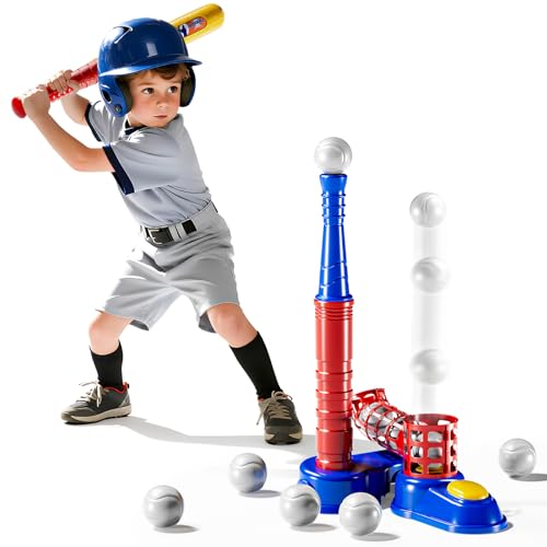T Ball Sets for Kids 3-5, Baseball T-Ball Set with 10 Balls, Outdoor Sport Toy Games for 3-12 Year Old Boys Girls Toddlers, Training Batting Tee for Backyard and Lawn Play - color: Red-t Ball Set and 10 Balls