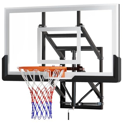 Wall Mount Basketball Hoop,54 inchs hatterproof PC Backboard Basketball Goal with 6.5FT-10FT Height Adjustable,Professional Grade Breakaway Rim and Steel Reinforced Wall Mount Built.