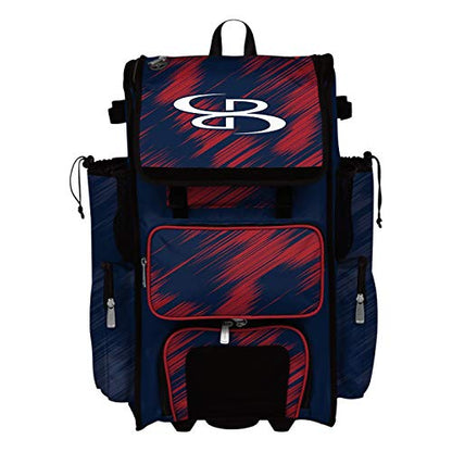 Boombah Rolling Superpack Scratch Baseball/Softball Gear Bag - 23-1/2" x 13-1/2" x 9-1/2" - Multiple Colors - Telescopic Handle and Holds 4 Bats - Wheeled Version - color: Navy/Red