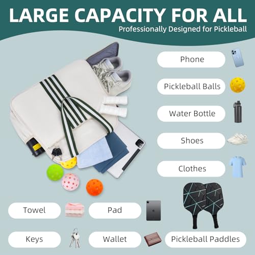 Pickleball Bag Pickle Ball Backpack for Women,Pickleball Accessory Tote Sport Equipment Bag Machine Washable with Shoe Compartment,Wet Pocket,Adjustable Shoulder Strap Fence Hook,Great Gift 30L-White - color: White