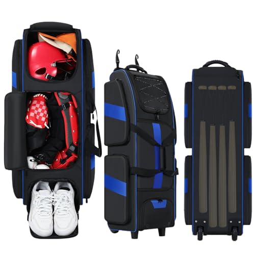 Rolling Baseball Bag with Wheels, Large Catchers Gear Bag for 4 Bats and Equipment,Separate cleats Compartment, Multi-Pockets & Fence Hook, Portable Softball Baseball Bat Bags for Youth Adult