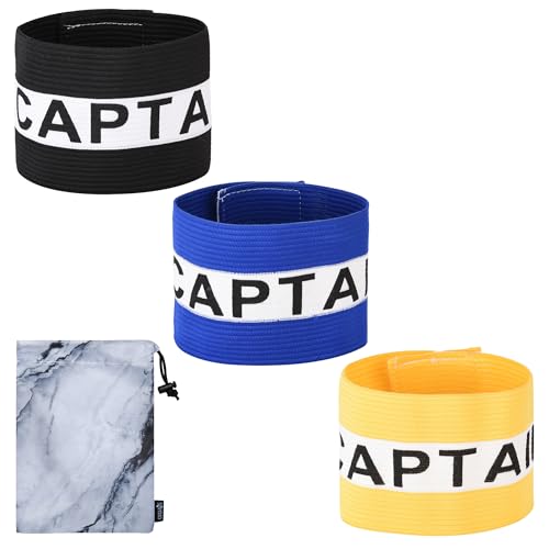 Cosmos 3 Pcs Captain Armband Soccer Football Captain’s Arm Band Adjustable Elastic Adult Youth Player Bands for Soccer Basketball Sports Team, Assorted Colors with Marble Pattern Drawstring Pouch