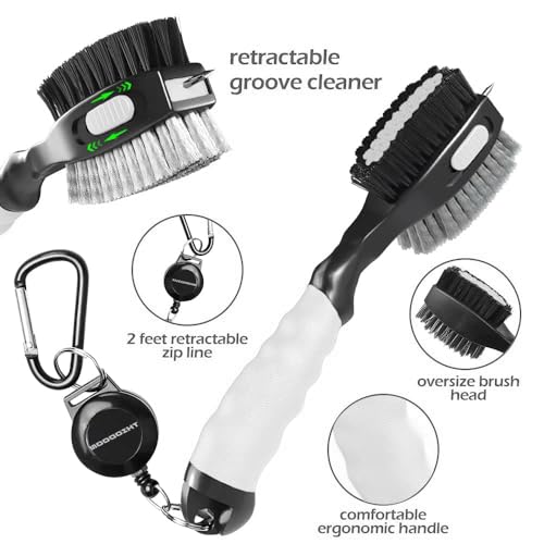 THIODOON 2 Pack Golf Club Brushes and Groove Cleaner 2 ft Retractable Zipline Carabiner Golf Brush Head with Retractable Spike Comfortable Grip Golf Club Cleaner - color: 2pcs Black & White