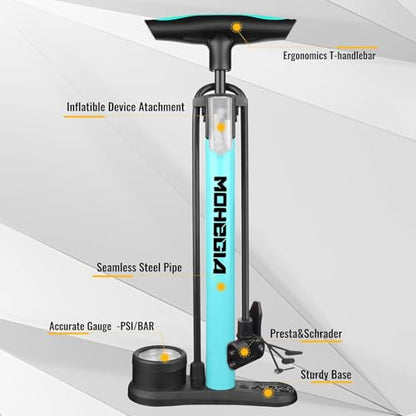 MOHEGIA Bike Floor Pump with Gauge: Air Bicycle Pump with High Pressure 160 PSI,Fits Schrader and Presta Valve -Inflator with Ball Pump Needles for MTB Road Bike, Ball, Balloon, Inflatables - color: blue