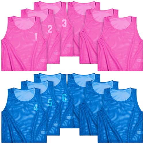 Boyiee Pinnies Scrimmage Vests, Nylon Mesh Team Practice Jersey Youth Pinnies for Sports Basketball Soccer Football - color: Rose Red and Blue